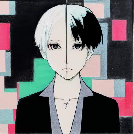 Prompt: Three quarter view Yoshitaka Amano style portrait of an anime girl with short white hair and different eyes wearing suit with patterns, abstract black and white background, film grain effect, highly detailed, oil painting