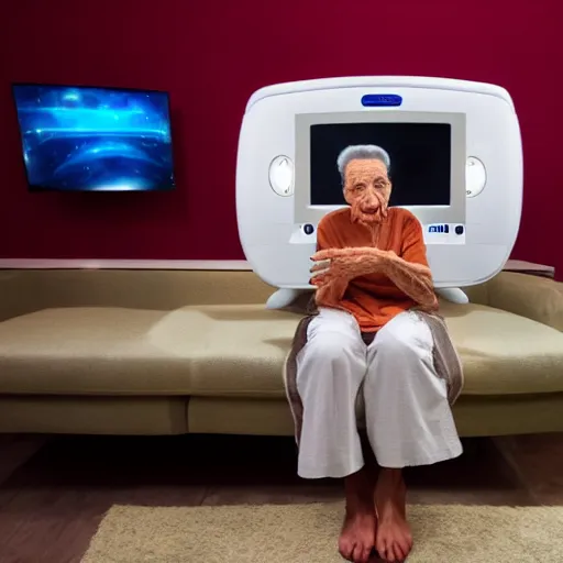 Prompt: an alien in a nursing home sitting on a sofa with a tv tray