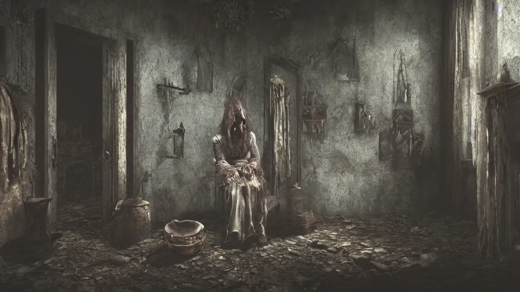Prompt: An ancient witch in the shadows of a dark decrepit cottage, highly detailed interior , horror, hyperrealistic, Blender 8k UHD