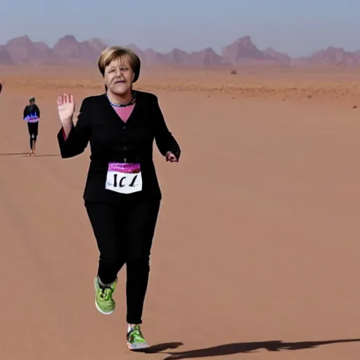 Image similar to angela merkel running marathon in sahara, hands in air, screaming and shouting
