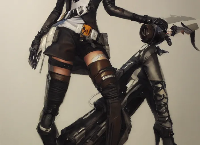 Image similar to a highly detailed beautiful portrait of tracer from overwatch as 2 b nier automata wearing a leather jacket, by gregory manchess, james gurney, james jean