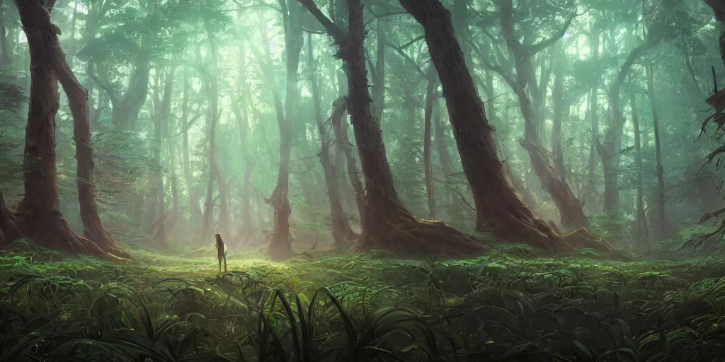 Image similar to A highly detailed matte oil painting of an alien forest, hyperrealistic, cinematic, breathtaking, beautiful composition, Mokoto Shinkai, Studio Ghibli, Artgerm, Dan Mumford, rossdraws, James Jean, beeple, volumetric lighting, octane render, 4K resolution, trending on artstation