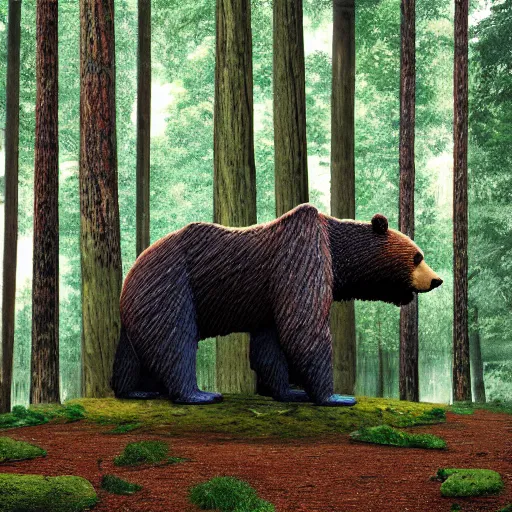 Image similar to Bear made out of old books a forest with impossibly tall trees. 8k resolution. Hyperrealistic.