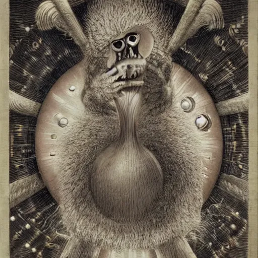 Image similar to furry freaky creature sings a unique canto about'as above so below'being ignited by the spirit of haeckel and robert fludd, breakthrough is iminent, glory be to the magic within