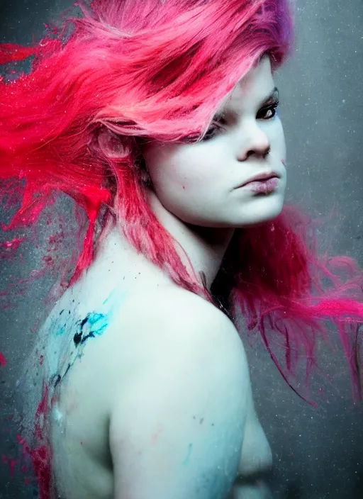 Prompt: a dramatic lighting photo of a beautiful young woman with cotton candy hair. paint splashes. moody, melanchonic. with a little bit of black and red