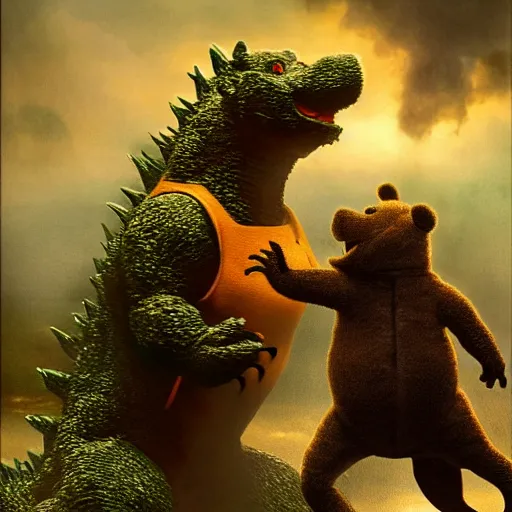 Prompt: godzilla as winnie the pooh as a gigantic muppet, cinematic composition, epic dramatic lighting, realistic, hyperdetailed, photorealistic, photograph, epic scale by gaston bussiere