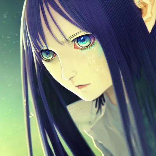 Prompt: attractive yellow eye color long blue - haired girl with bangs gothic anime character, fantasy, screenshot, anime, sharp focus, intricate, illustration, cell shaded, digital painting, highly detailed, concept art, matte, art by ilya kuvshinov and kyoto animation and wlop, and greg rutkowski, studio quality, james jean, artem demura