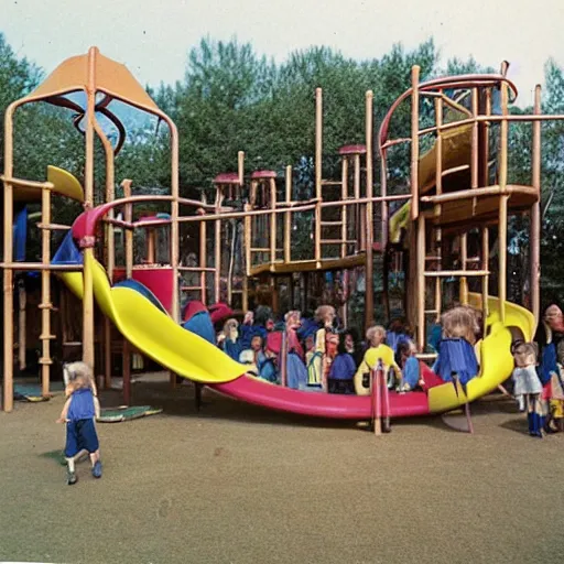 Image similar to full - color 1 9 7 0 s photo of a vast incredibly - large complex very - dense tall many - level playground in a crowded schoolyard. the playground is made of wooden planks, rubber tires, metal bars, and ropes. it has many spiral staircases, high bridges, ramps, balance beams, and metal tunnel - slides.