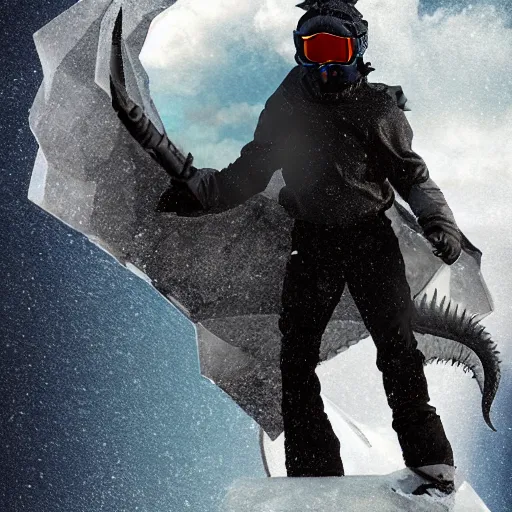 Image similar to mysterious figure with ski goggles riding a dragon made of ice, digital art, 4 k ultra hd, hyper realistic