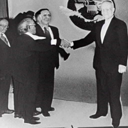 Image similar to Aliens shaking hands with Nixon, 1920s picture