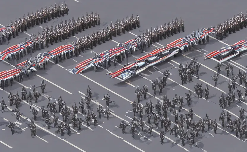 Prompt: the united states army in 2 0 5 8, futuristic, symmetrical, parade, militarized, raytracing, detailed, 8 k