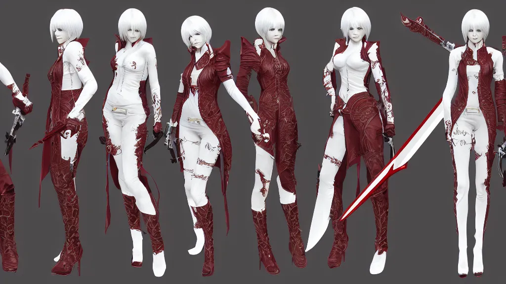 Image similar to devil may cry Dante's daughter character design sheet, female, white and gold outfit, dual sword wielding, intricate, trending on artstation