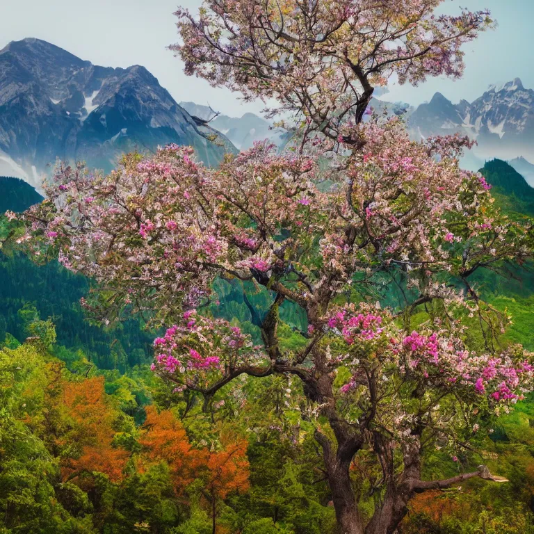 Prompt: a beautiful awesome artistic tree with flowers like leaves and many birds, all in the amazing outdoors view, mountain in the background, lake, long exposure, 8 k resolution, trending on artstation