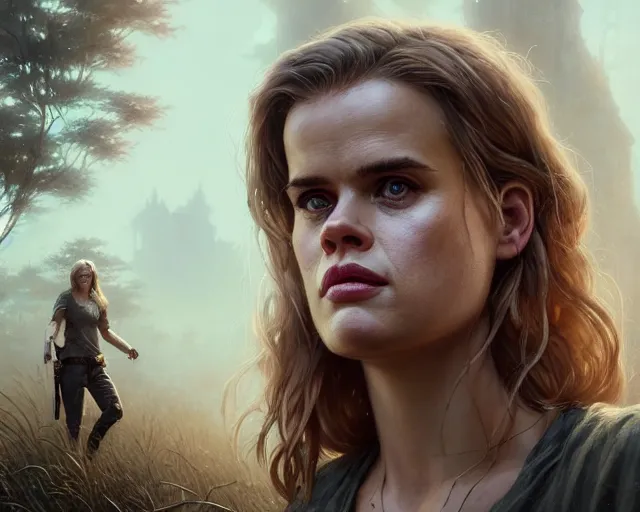 Image similar to highly detailed portrait of alice eve, in the walking dead, stephen bliss, unreal engine, fantasy art by greg rutkowski, loish, rhads, ferdinand knab, makoto shinkai and lois van baarle, ilya kuvshinov, rossdraws, tom bagshaw, global illumination, radiant light, detailed and intricate environment