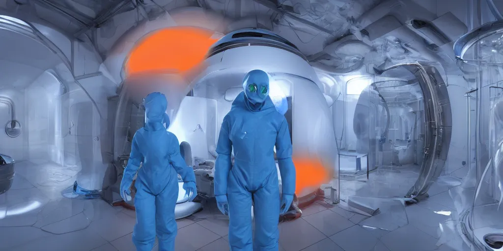 Prompt: team of sci - fi scientists in blue bio - hazard suits research creepy alien in stasis capsule filled water with orange light, high detail, dark environment, volumetric light, unreal engine 5, digital art