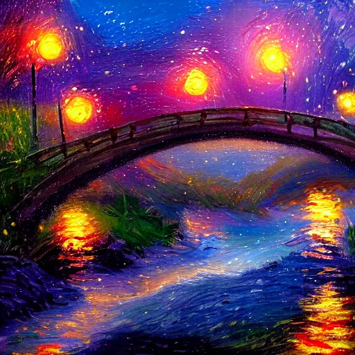 Prompt: fairyland bridge, outside of time and space, dreamy, romantic, night lighting, expressive impressionist style, highly detailed, 8 k