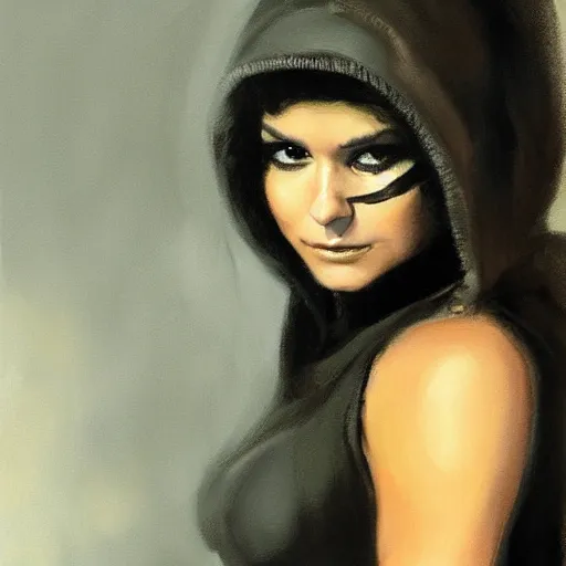 Prompt: ultra realistic portrait painting of nina dobrev as a cat burglar, art by frank frazetta, 4 k, ultra realistic, highly detailed, epic lighting.