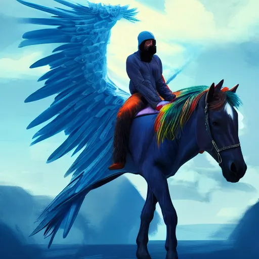 Image similar to man without head on top of horse with wings, colorful of blue color concept art, trending on artstation, highly detailed, intricate, sharp focus, digital art, 8 k