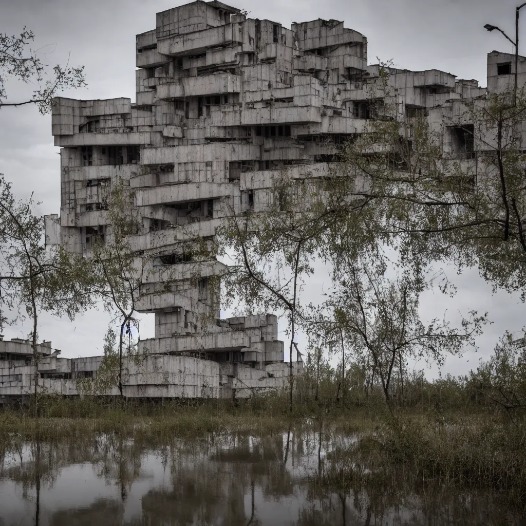 Prompt: brutalist soviet architecture, abandoned city, in the swamps, 4 k, professional photography