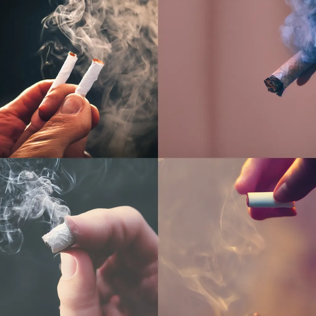Prompt: Close-up of hand holding cigarette with smoke, realistic photo, 4K