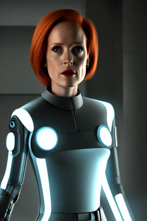 Prompt: dana scully in tron : legacy ( 2 0 1 0 ), cyberpunk aesthetic, glowing panel lines, octane render, nvidia, artstation trending, ultrasharp detail