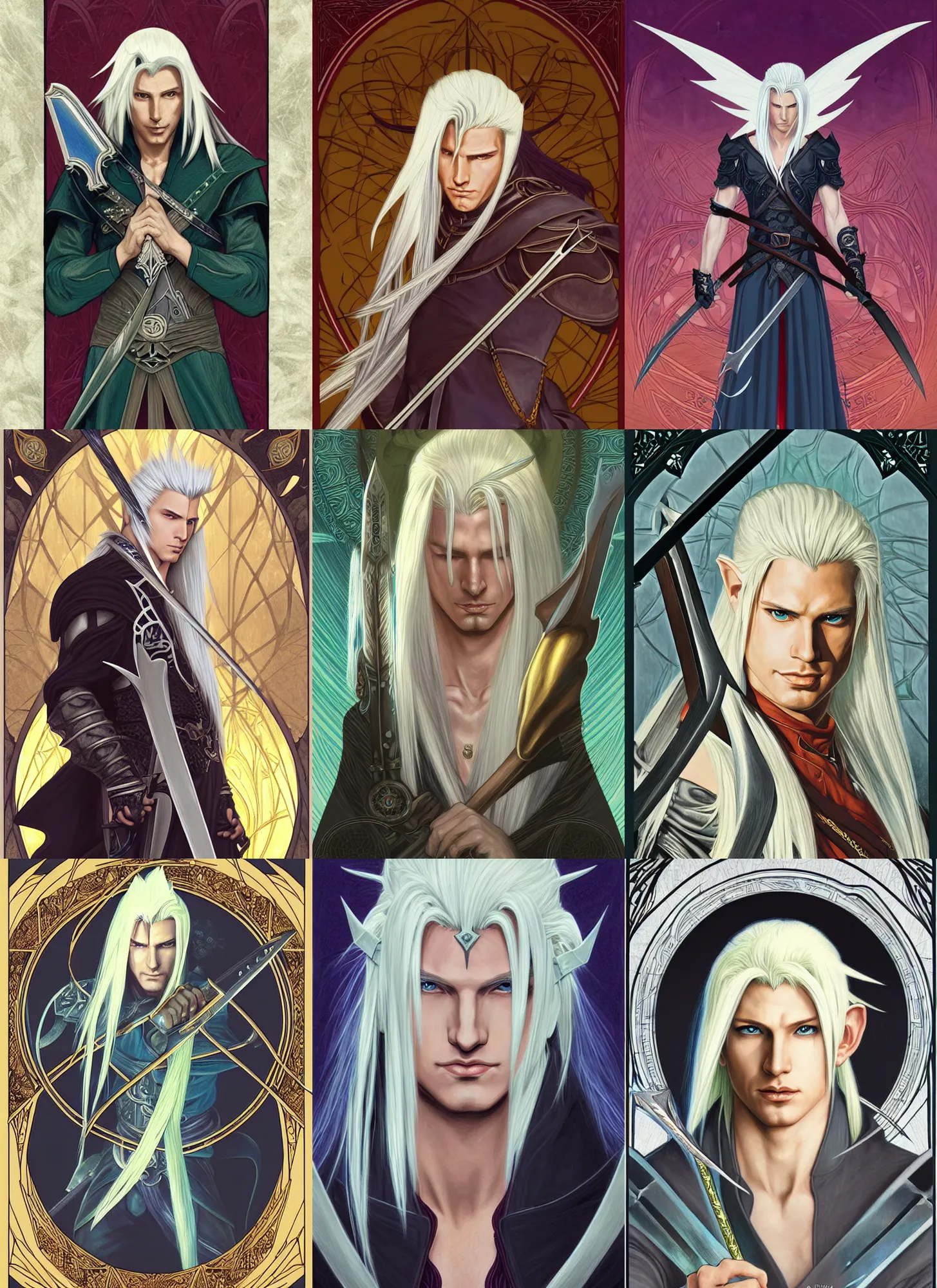 Prompt: centered portrait, Sephiroth as a male D&D Elf Ranger, blonde hair, Art Nouveau, tarot card background, retro Fantasy hero 1985, intricate, elegant, highly detailed, centered, digital painting, trending on artstation, concept art, smooth, sharp focus, illustration, art by raphael lacoste, eddie mendoza, Mucha, alex ross, WLOP