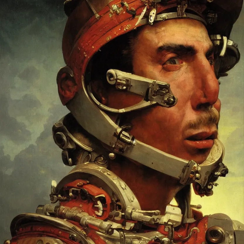 Prompt: a baroque neoclassicist close - up portrait of a retrofuturistic mayan astronaut farmer wearing ancient technology. head, face and shoulders, foggy background. renaissance portrait painting. highly detailed science fiction painting by norman rockwell, frank frazetta, and syd mead. rich colors, high contrast, gloomy atmosphere, dark background. trending on artstation.