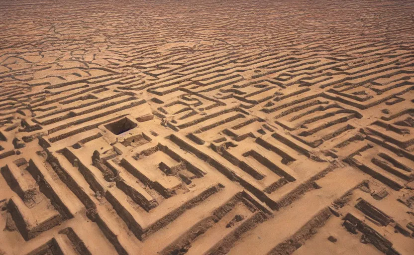 Prompt: high quality 2000s historic footage of a labyrinth in the desert with giant marble walls, color aerial photo drone, Cinestill 800t, heavy grainy picture, very detailed, high quality, 4k panoramic