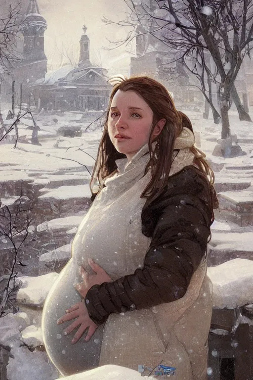 Prompt: portrait of a pregnant woman in the besieged Leningrad in winter, tears, suffering, digital painting, artstation, concept art, smooth, sharp focus, illustration, art by artgerm and greg rutkowski and alphonse mucha