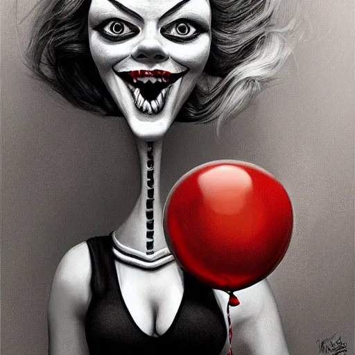 Image similar to surrealism grunge cartoon portrait sketch of margot robbie with a wide smile and a red balloon by - michael karcz, loony toons style, pennywise style, horror theme, detailed, elegant, intricate