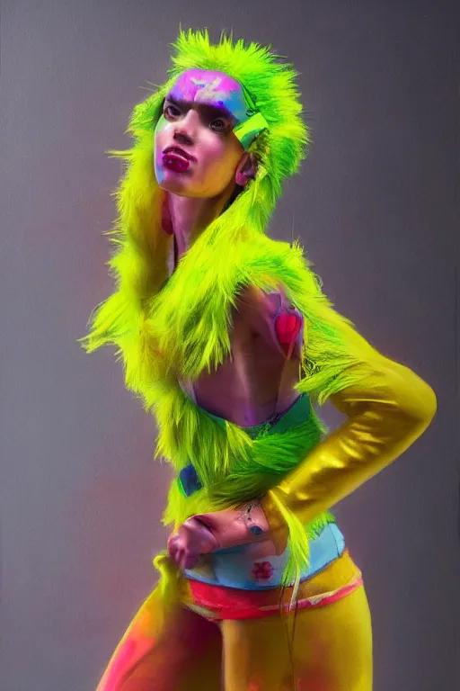 Prompt: a character wearing a diy costume with fluo colored details, muted colors, hyper real painting