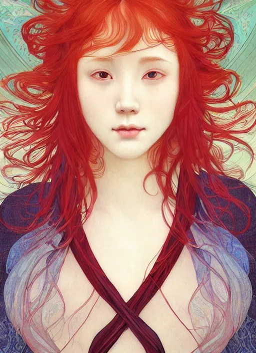 Image similar to colourful upper half portrait of a beautiful red - hair girl - art by tenmyouya hisashi, hsiao - ron cheng & alphonse mucha, highly detailed, digital painting, illustration, smooth, sharp focus, intricate, symmetry, pinterest, behance, artstation