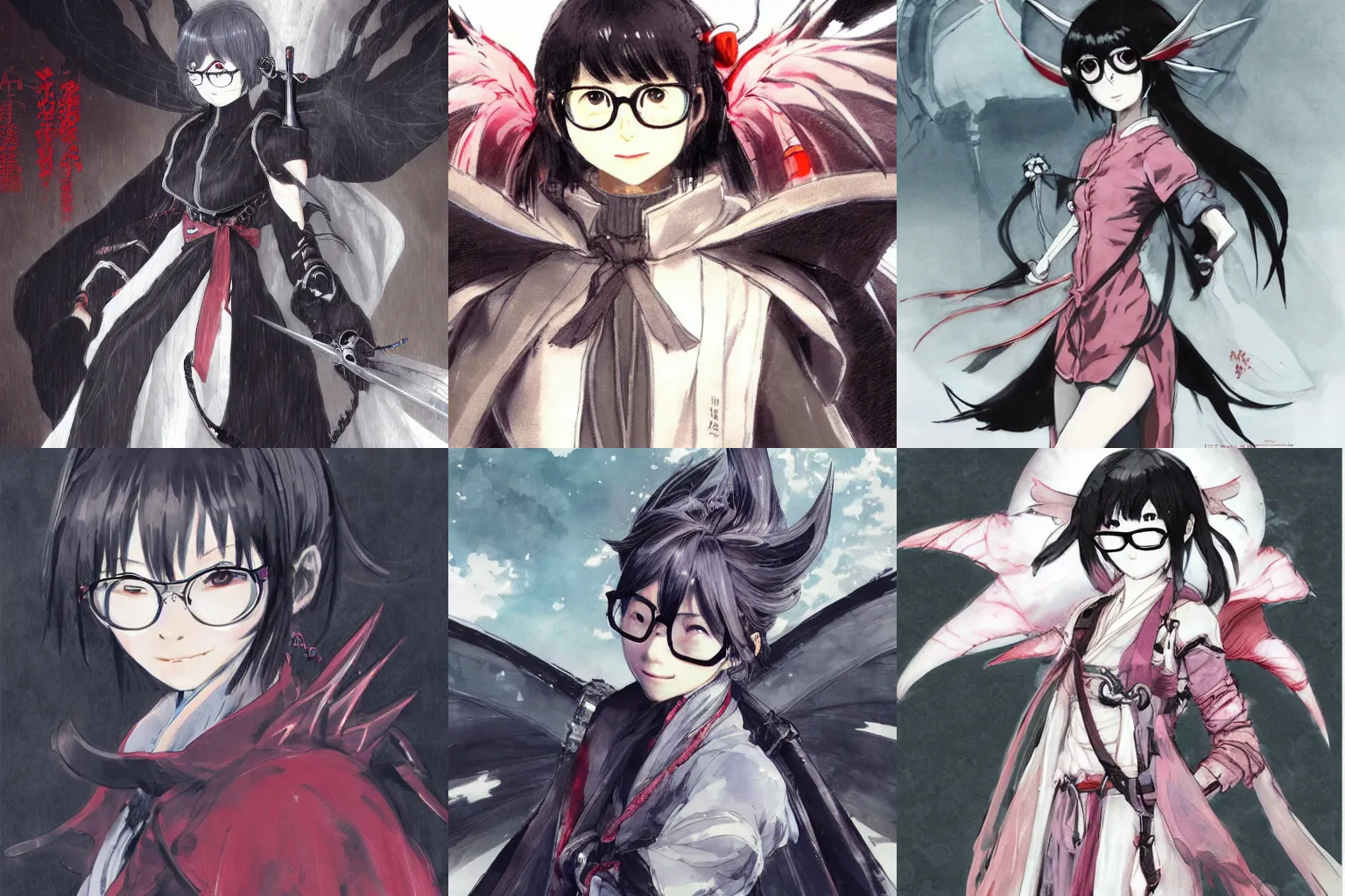 Prompt: concept art of a cute japanese girl wearing round glasses and a long robe, with demon wings and short black hair, drawn by akihiko yoshida and tsutomu nihei and makoto shinkai and wadim kashin and john berkey and yoji shinkawa