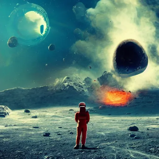 Image similar to astronaut stranded on planet, destroyed ship that is crash landing, exploding planet in background, fire, white smoke, impending fear, 4 k, dystopian, lonely, isolated space station in space, sci - fi, crash landing, asteroids.