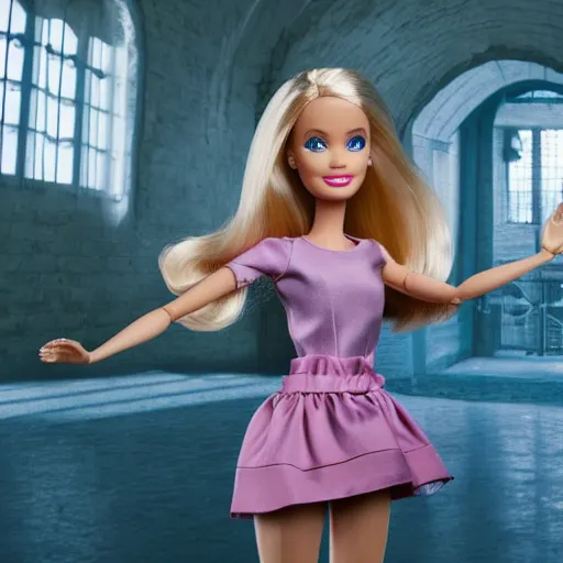 Image similar to barbie i ’ m real life live action remake, 4 k, film still, live action, realistic, human, actress, wide angle, 4 k, background of castle