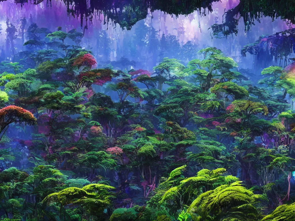 Prompt: a beautiful otherworldly fantasy landscape of dense mechanical shattered lush ferns and evergreen trees in hyper detail like the pacific northwest, vivid glowing colors, extreme detail, studio ghibli and pixar and abzu, rendering, cryengine, deep colors, aerial perspective, epic scale, vray render, cgsociety