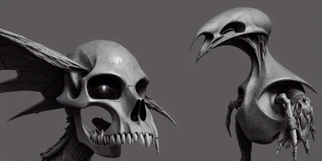 Prompt: a skull bird creature scifi alien by neville page, ken barthelmey, carlos huante and doug chiang, sharp focus, trending on artstation, hyper realism, octane render, 8 k, hyper detailed, ultra detailed, highly detailed, zbrush, concept art, creature design