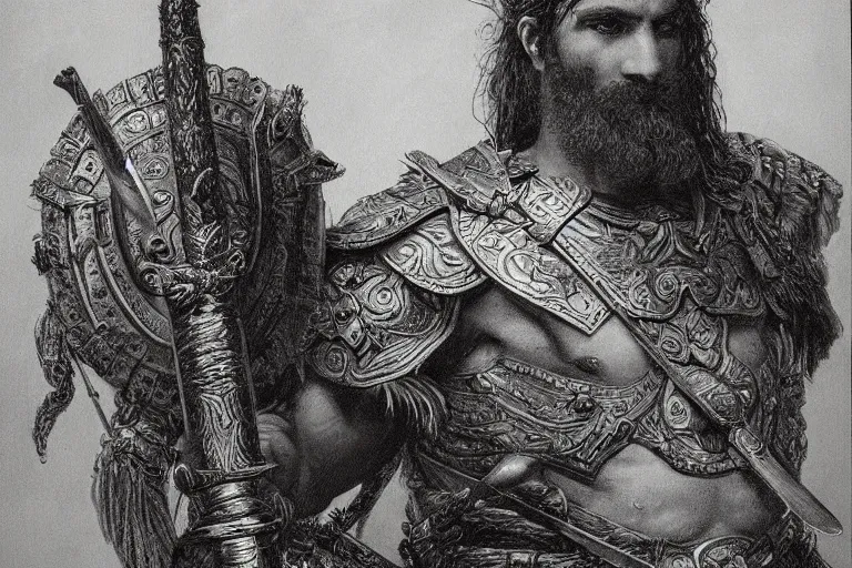 Prompt: highly detailed painting of a warrior barbarian, symmetrical, masterpiece, highly detailed painting by gustave dore