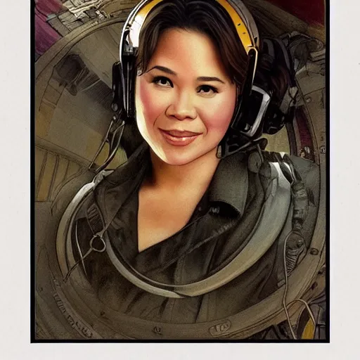 Image similar to amazing lifelike award winning pencil illustration of Lea Salonga in a helicopter trending on art station artgerm Greg rutkowski alphonse mucha miss Saigon cinematic