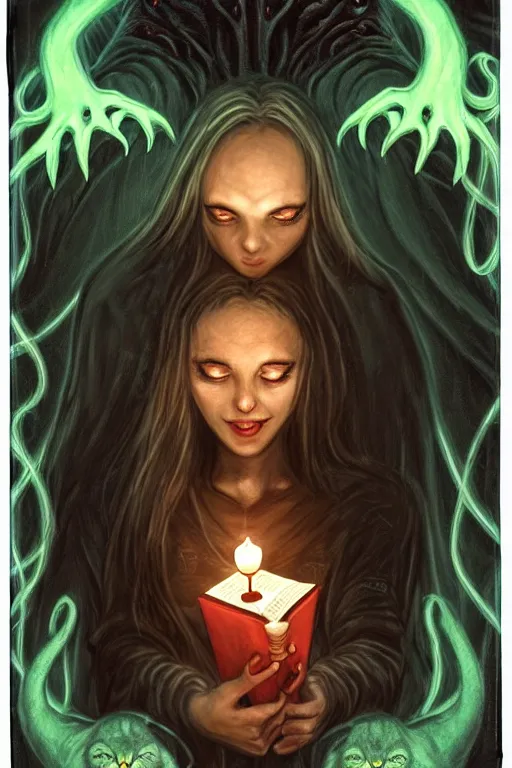 Image similar to romantic photo of bright girl, her cat and her book of necronomicon, symmetrical, cinematic, real dlsr photography, sharp focus, 4 k, ultra hd, sense of awe, sinister demonic atmosphere, dreadful, forbidden knowledge, old gods, cthulhu, yog - sothoth! yah, yah, yah! cultist journal cover