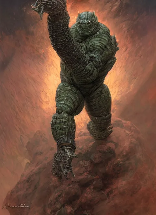 Image similar to brock lesnar as salamander wearing scifi armour suit, dynamic action, by lawrence alma - tadema and zdzislaw beksinski and norman rockwell and jack kirby and tom lovell and greg staples, artstation creature art