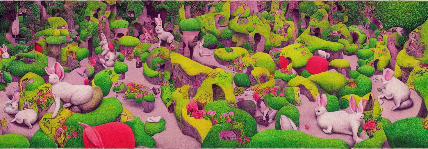 Prompt: a rock garden filled with pink rabbits, by m. c. escher, yellow, green, red, snowy, ultra sharp, ultra detailed, cyberpunk, happy, uplifting, colorized by salvador dali