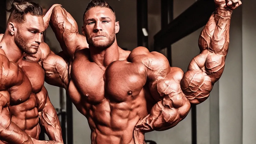 Image similar to chris bumstead wearing a swimsuit and flexing in a queer position photographed by rupaul