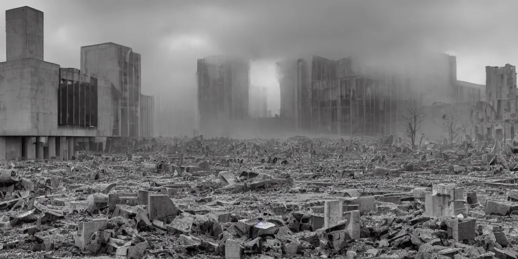 Image similar to a nuclear landscape of the southbank centre in london, collapsed brutalist architecture, groups of human figures stagger among the ruins, fog, dust atmosphere, brooding clouds, mushroom cloud, detailed, 4k