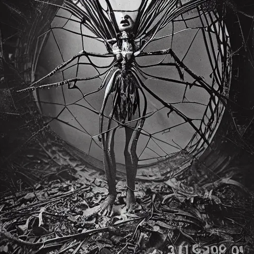 Image similar to 1860 photo of an ancient fractal spider-woman-demon on an abandoned factory on the middle of a forest, spooky , devouring the human soul, veins, arteries, intricate, golden ratio, full frame, microscopic, elegant, highly detailed, ornate, ornament, sculpture, elegant , luxury, beautifully lit, ray trace, 3d, PBR