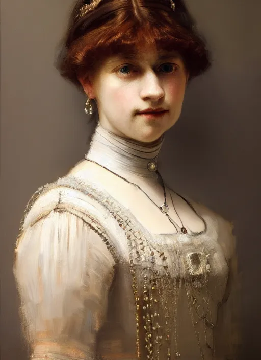 Prompt: portrait of the edwardian heiress, detailed realism face in painting, detailed beautiful portrait, oil painting masterpiece, 8 k resolution, smooth, sharp focus, trending on artstation, by rembrandt