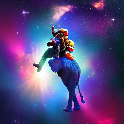 Prompt: astronaut riding an elephant in space, colorful nebula in the background, digital painting,