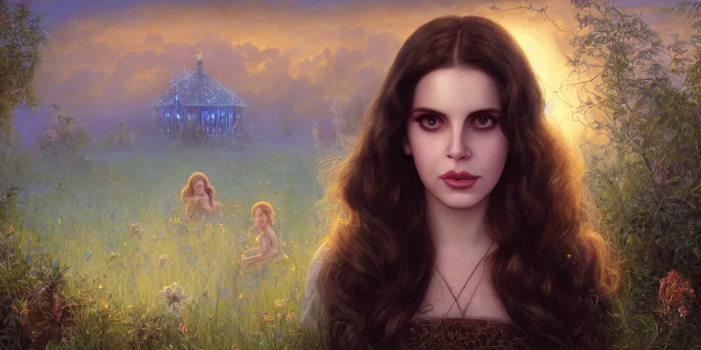 Image similar to big-eyed Lana Del Rey staring into the camera, sundown misty firefly wisps, Lilia Alvarado, Sophie Anderson, Mark Arian, Bob Byerley, Charlie Bowater, Mark Brooks, Steve Henderson, Justin Gerard, Arthur Hughes, Edward Robert Hughes, Mark Keathley, Victor Nizovtsev, Carlos Shwabe, Ross Tran, WLOP