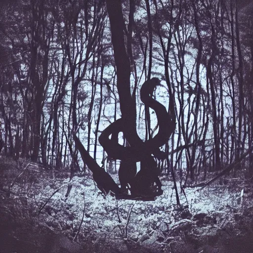 Image similar to horrifying eldritch creature hiding in the forest at night with vhs filter