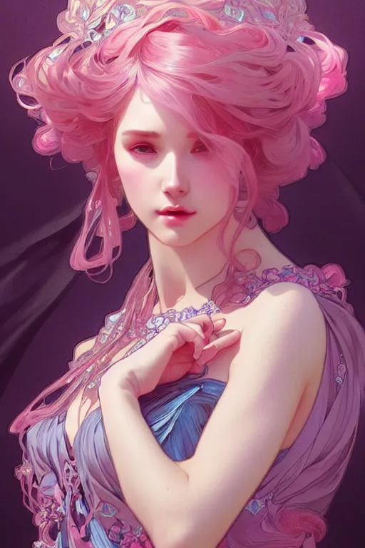 Prompt: beautiful pink blue, dark fantasy, intricate, elegant, highly detailed, digital painting, artstation, concept art, matte, sharp focus, illustration, art by artgerm and alphonse mucha